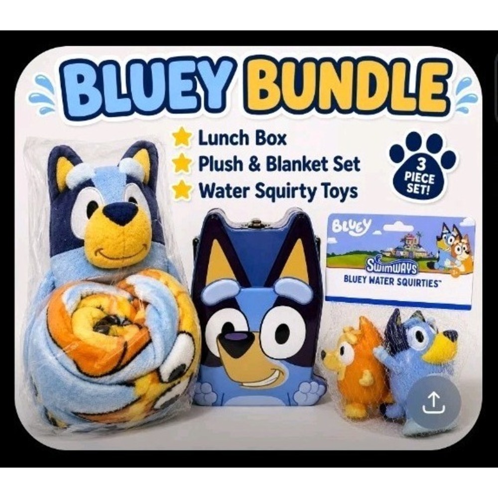 Bluey Friends‎ Lot: Plush With blanket, Small Tin, Squirt Water Toys